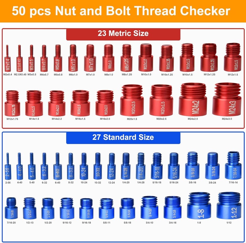 Comfylichi 50 Pcs Nut and Bolt Thread Checker - 27 Standard & 23 Metric, Detachable Bolt Size Finder Tool, Screw and Nut Identifier Thread Gauge Especially for Tight Spaces - Image 4